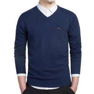 스웨터 남자 스웨터 겨울 브랜드 남자 캐주얼 vneck 고체 따뜻한 스웨터 100%면화 자수 긴 소매 블레인 스웨터 맨