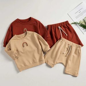 Clothing Sets Kids Rainbow Embroidery Suit Cotton Long Sleeve Trousers Set Toddler Boy Girl Hoodie + Capri Pants 2PCS Kids Clothing Y240515