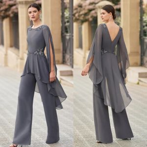 Suits Elegant Chiffon Mother of the Bride Pant Suits with Slit Long Sleeves for Boho Wedding Guests Gray Lace Applique Casual Simple G