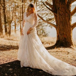 Plus Size Lace Country Wedding Dresses 2021 New Court Train Beaded V-Neck 3 4 Long Seeve A-Line Bridal Gowns Vestido De Novia W202 196U