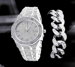 3PCS WatchBraceleletNeckace Hip Hop Miami Cuban Sieć złotą zegarek mrożony utwardzony dżernestones cz bling raper men biżuteria Joyas8679551