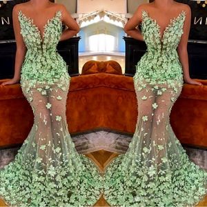 2020 Green Evening Dresses 3D Floral Applique Mermaid Sweep Train Sheer Neck Illusion Bodice Jewel Beaded Custom Made Prom Party Gown 257J