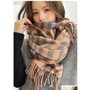 Scarves Autumn Winter Woman Wool Spinning Scarf Ladies Double-Faced Mticolored Gingham Checks Kerchief Man 68X180Cm Female Shawl Thick Ot4Lp
