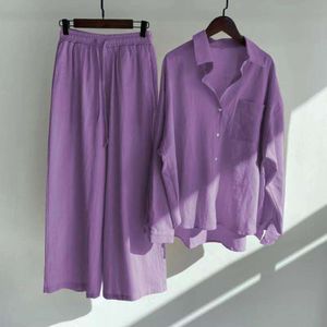 2 Pcs/Set Trendy Fall Easy to Match Soft Fabric Buttons Wide Leg Skin-touch Blouse Trousers Suit