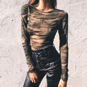 Polos femininos 2024 Summer Gym Women Shirt Mesh Camuflagem de manga comprida Fitness Skinny Running O-Gobes Casual Top Camisetas para