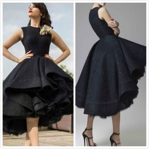 2019 Designer -Kleid Kurzfront Long Back Party Prom Kleider elegante schwarze Spitze Dubai Arabische Abendkleider Tee Länge hohe niedrige Feier 317V