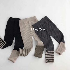 Trousers 2023 Autumn and Winter Childrens and Boys Pants Cotton Knitted Elastic Stripe Childrens and Boys Bottom Trousers Elastic Tight Baby and Boys Pants d240517