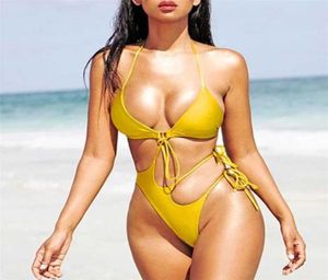 Mossha Solid Yellow Swimwear Women Halter Triangle Swimsuit fêmea Hollow Out Extreme Monokini High Cut Sexy Bathing Suit de 2103177241518