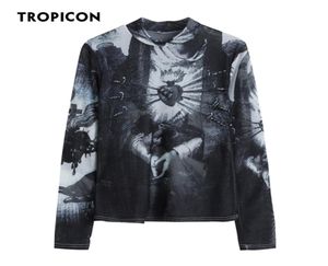 TROPICON Goth Mesh Top Women Trend Fashion Graphic T Shirts Long Sleeve Turtleneck See Through Tshirts European Clothing 2205272234868