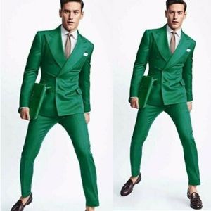Zielony pasek Wedding Tuxedos 2 sztuki podwójne piersi szczytowe lapy noszenie impreza PROM Best Men Blazer Suitjacket Pants 273x