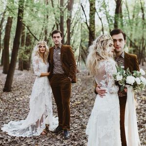 Retro bohemisk spets mantel bröllopsklänning vintage front slits rustika land brudklänningar långa ärmar gybsy boho brud klänning 259u