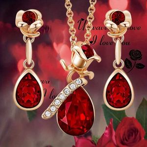 Wedding Jewelry Sets Luxury Fashion Ruby Rose and Droplet Pendant Necklace Earring Set Womens Anniversary Gift