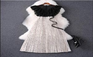2022 Summer Short Sleeve Dress Round Neck White Black Color Lace Pleated Panelled MidCalf Dress Elegant Casual Dresses MQ308980081212956