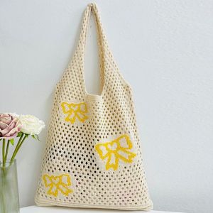 Shoulder Bags Women Knitting Handbag Hollow Out Bow-Knot Pattern Knit Tote Bag Summer Aesthetic Beach Large Capacity Crochet