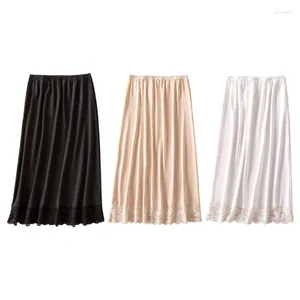 Skirts Women Half Slip Under Dresses Long Underskirt Solid Color Lace Trim Petticoat