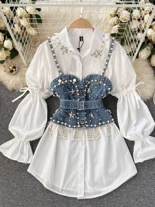 Весенняя осенняя блузка женская бриллиантовая рукава из бурного рукава Blusa Top Tassel Pearl Sling The Twopeece Sacpiece Scoping Relling C813 240517