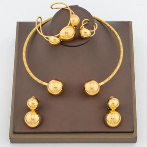 Necklace Earrings Set African 18k Gold Plated Jewelry For Women Choker And With Bangle Ring Round Beads Dubai Accessory