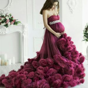 Maternity Women Evening Dresses Purple Long Luxury Ruffled Baby Shower Gown Photoshoot Crystal Bathrobe Nightwear Pregnancy Dress 263K