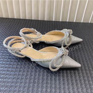 Kristal Çift Yay Slingbacks Kadınlar Düz Sandal Lüks Tasarımcı Sandalet Seksi Noktalı Düğün Ayakkabıları Tekne Gelin Ayakkabı Parlak Ayak Bileği Kayışı Akşam Kadın Ayakkabı