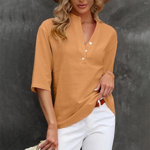 女性のブラウスボタンシャツ綿とリネンカジュアルレディースプレーンTシャツ