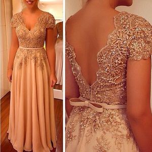 Long Mother Of The Bride Groom Dresses for Wedding 2021 Short Sleeves V-Neck Lace Beading Bodice Sash Plus Size Chiffon Prom Dress 245R