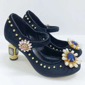 women Ladies 2024 Genuine real leather dress shoes Rhinestone chuckly high heels sandals summer Round toe wedding party sexy buckle Strap bead Mary Jane 34-43 0a64