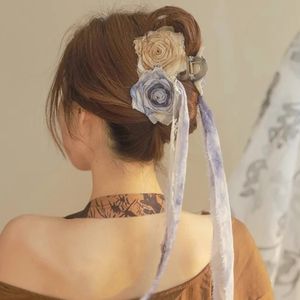Vintage Style Long Ribbon Flower Hair Claw für Frau Blume Dekors Haare Clip Chinesische Stil Hanfu Haarzubehör 240517