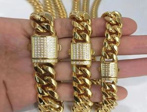 10mm 12mm 14mm Men Women Cuban Link Chain Necklace Bracelet Curb Choker Chains Jewelry CNC Cubic Zirconia Box Clasp 316L Stainless6047330