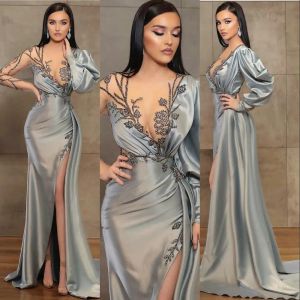 Dresses Shimmering Silver Mermaid Evening Dress with Illusion Crystal Beading & High Side Split
