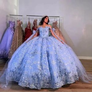 السماء الأزرق اللامع كرات الثوب quinceanera فستان قبالة الكتف 3D زهور الزهور الديكور مشد