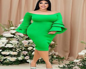 Women Bodycon Party Dress Green Bare Shoulder Flare Sleeve Ruffle Sexy Fashion Club Cocktail Birthday Wear7199444