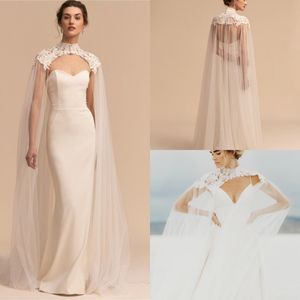 Neueste Tulle Long High Neck Hochzeit Cape Lace Jacke Bolero Wrap White Elfenbein Frauen Brautzubehör Gespür gemacht 245b