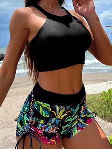 Frauen Badebekleidung schwarze Bikinis Sets Badeanzug hoher Taillen Shorts Sexy Print Draw String Frauen zweiteilige brasilianische Strandanzug Outfit