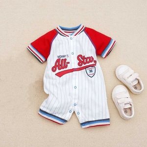 Rompers 3-18m nyfödda färgglada block sport jumpsuit kort ärm randig brev broderad jumpsuit onesie baby pojkar och småbarnskläder d240516