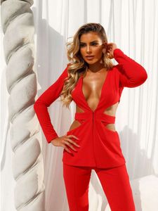 Tesco Red Sexy Women Suit Blazer e V-Neck Giacca a V-Casual Gambe Pantaloni a gamba per il Blazer per feste di Club Mujer