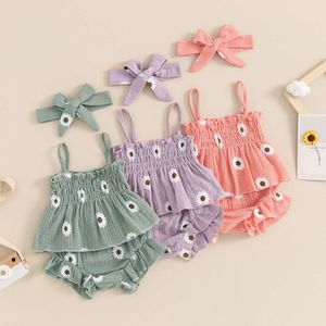 Summer Toddler Newborn Baby Girl Spaghetti Straps Pleated Flower Print Camisole with Shorts and Hairband Outfit Clothes L2405