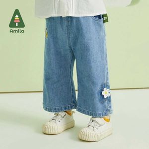 Trousers Amila Baby Girls Denim Pants 2023 Spring New Cute Cartoon Print Blue Jeans Casual Fashion Trousers Childrens Clothing d240517