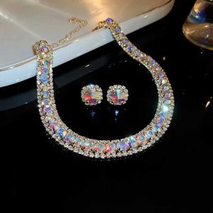 Bröllopsmycken sätter Fyuan Luxury Crystal Necklace Earring Set Pink AB Colorful Womens Party Accessories