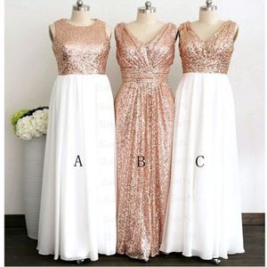 2018 Rose Gold Sequin Top White Chiffon kjol Långt billiga brudtärnor Klänningar V Neck Juvelstil Ruched For Wedding Country Prom Formal 213a