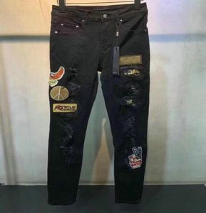 21SS Personality Men Men Fashion Street Trend Etrend Jeans Hole Hole Art Patch Skinny штаны Европейская и американская осень зима 2927524