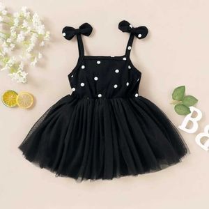 Mädchenkleider Vorschule Baby Mädchen Sommerkleid modische und niedliche Wellenpunkt Hängende Kleid Bogengurt Garn Kleid 1-4 Jahre alt WX