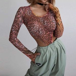 Women's Jumpsuits Rompers AVV Leopard Printed U Neck Long Slve Tight Bodysuit High Cut Shr Mesh Bodycon Club One Piece Leotard Top Midnight Wear Y240515