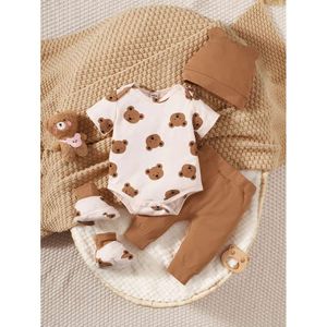 Months Set 0-9 4PCS Clothing Newborn Boy Bear Short Sleeve Romper+Pants+Hat+Sock Infant Baby Full Moon Photography Outfits L240517