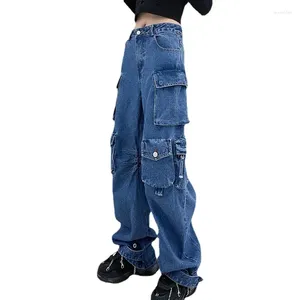 Kvinnors jeans multi-pocket brett ben låg-ris 2024 höst mode last byxor hip hop super cool serie