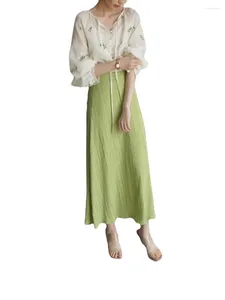 Kvinnors polos aprikos Floral Green Leaf Brodery Tie-Neck Lantern Sleeve Retro Shirt Spring-Summer Top