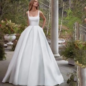 Платья элегантное алин -атласное свадебное платье без рукавов квадратный воротник, свадебное платье без спинки в белом