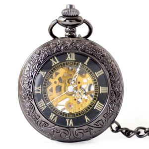 Antyczne szkieletowe czarne zegarki mechaniczne ręczne kręte retro rzymski zegar kieszonkowy