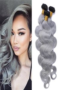 Brazylijskie krótkie splot przedłużenia włosów Remy Hair 1b Srebrny szary ombre fala na ciele krótkie włosy Ombre Grey Bundles9193533