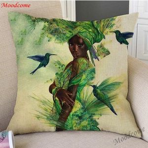 枕スプリンググリーンアフリカの女神アートホーム装飾ケースコットンリネン美しい夢のようなアフリカの女の子植物カバー