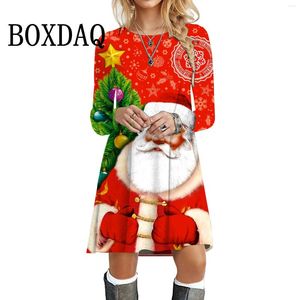Lässige Kleider 2024 Winter Weihnachtskleid Langarm Pullover Frauen süße süße Party 3D Santa Claus Print Mini Übergroße